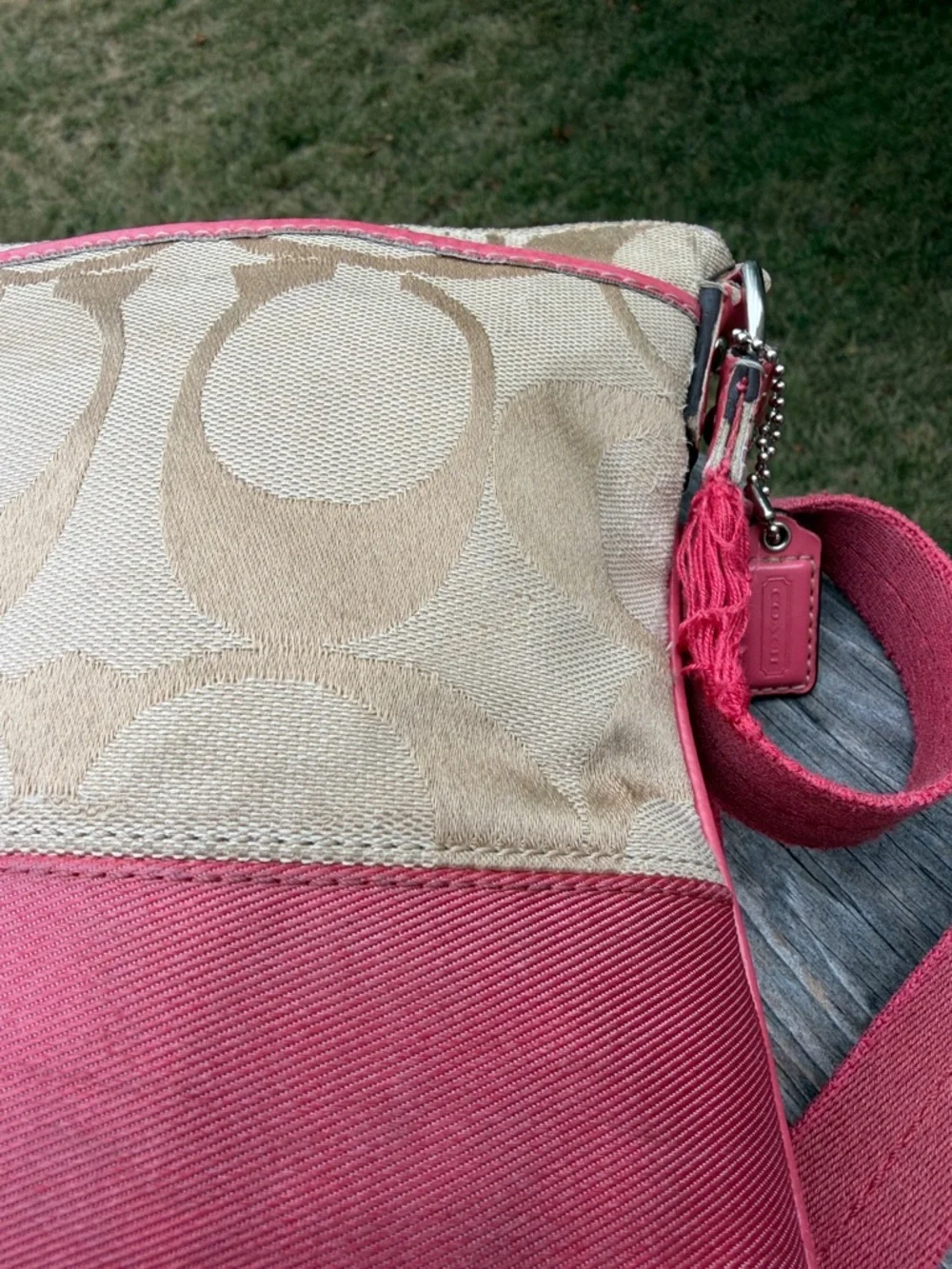 Coach Beige Signature Canvas Crossbody with Pink and patent leather accents